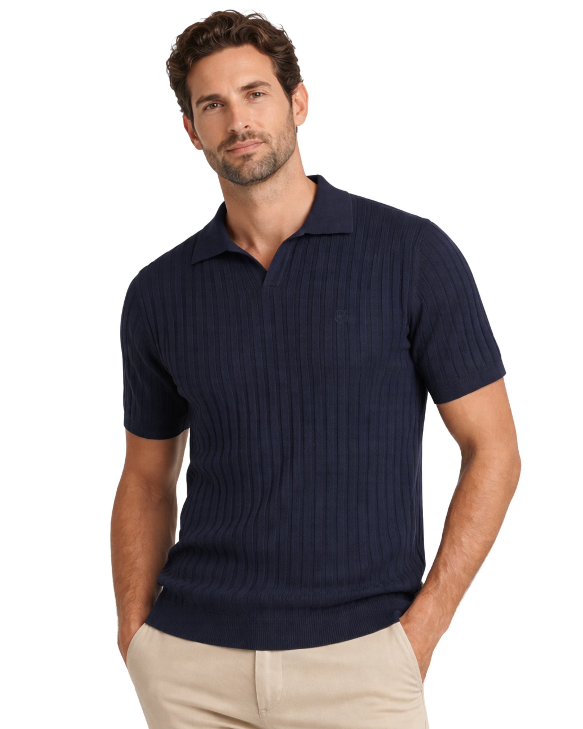 Serie 406 Suéter cuello V tricotosa color azul marino