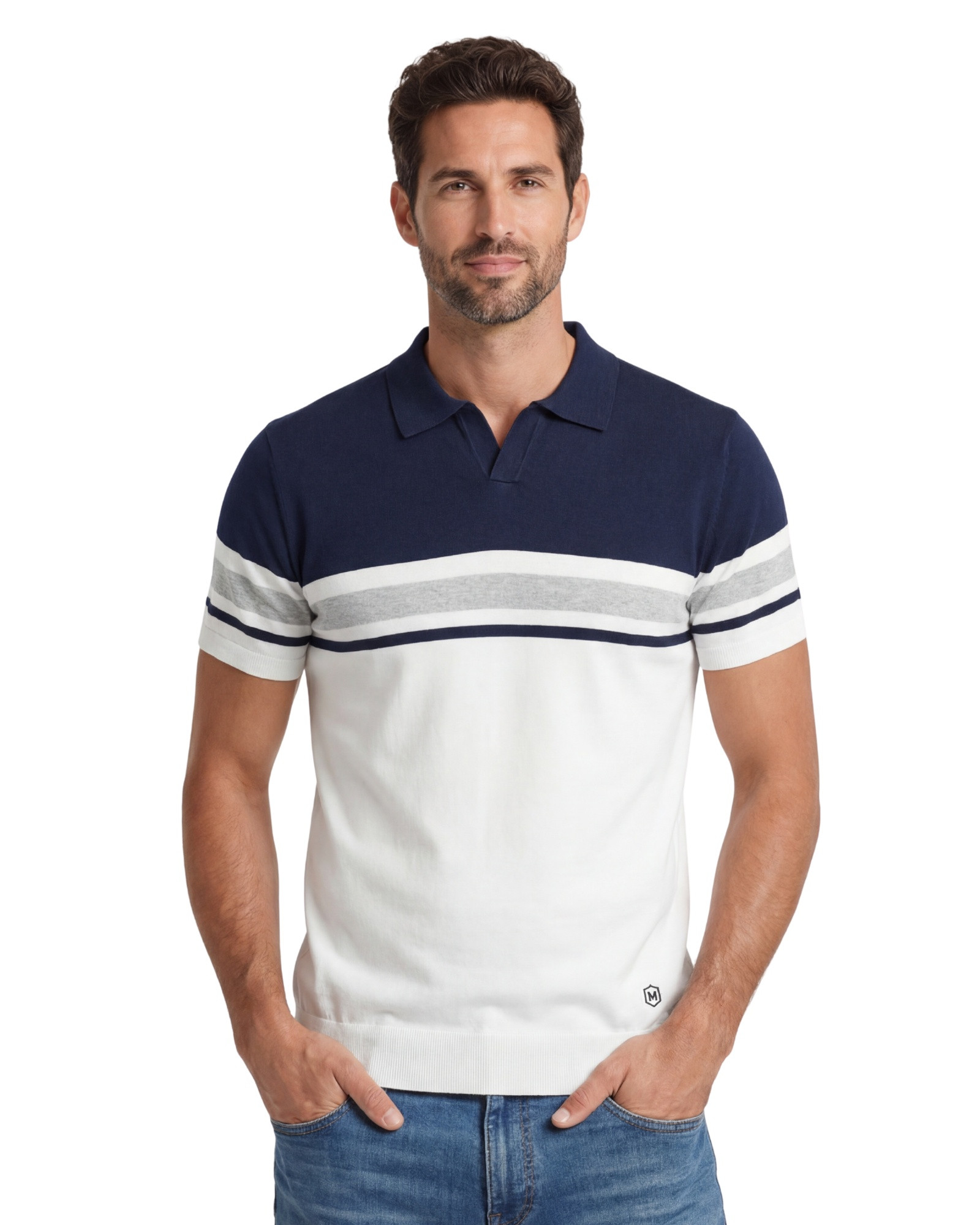 Serie 409 Suéter rayas cuello V tricotosa color único