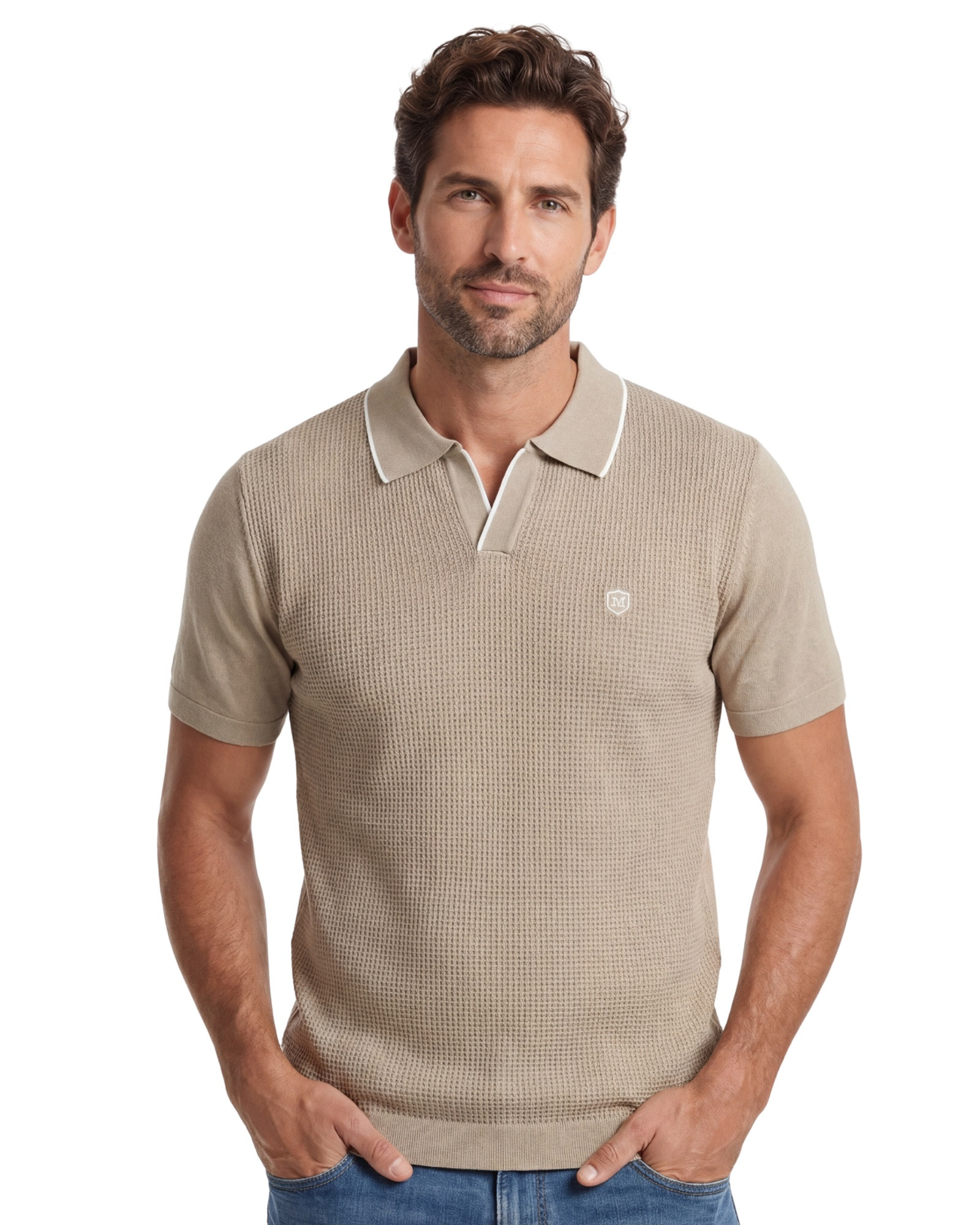 Serie 410 Suéter cuello V tricotosa color tostado