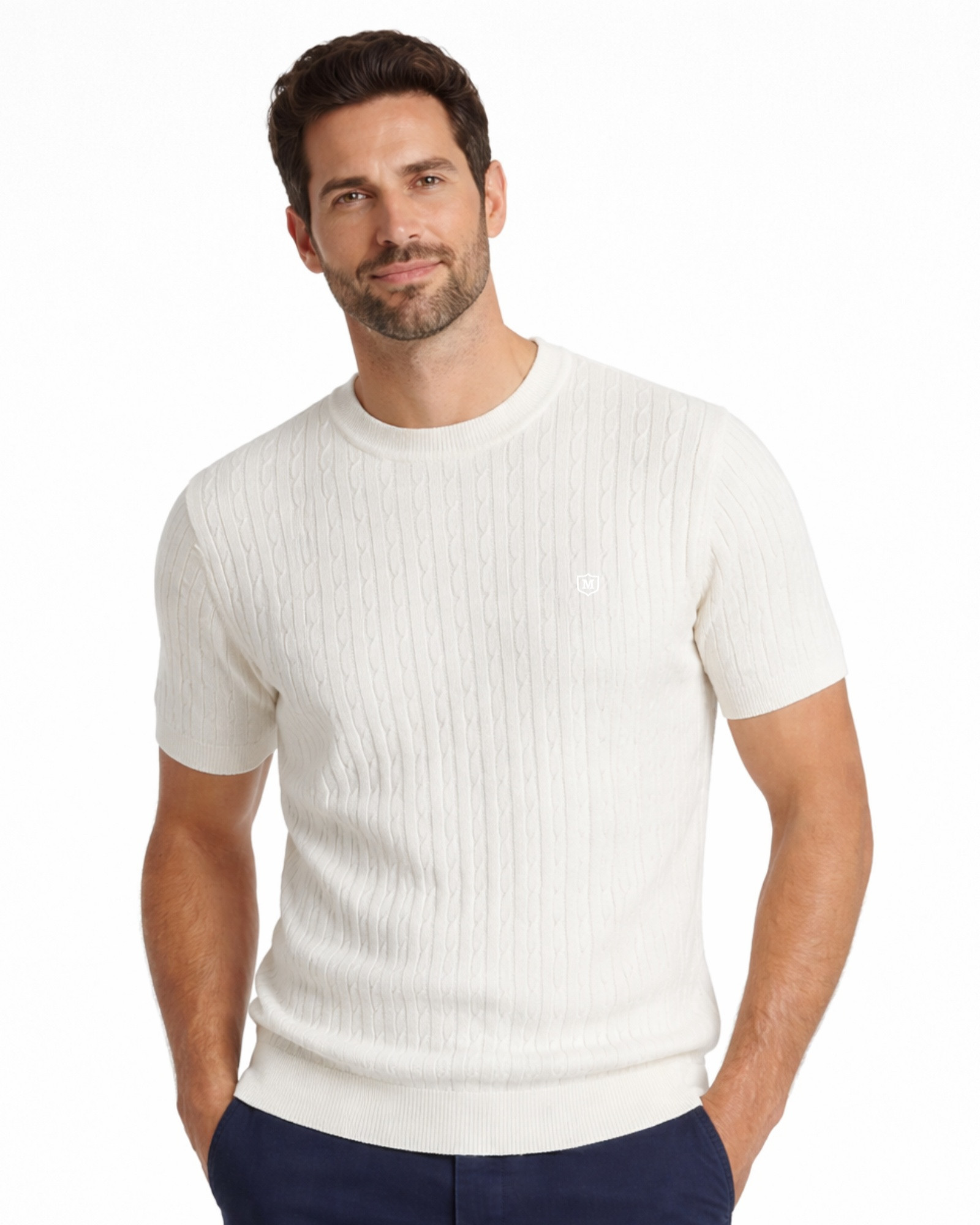 Serie 411 Suéter cuello caja ochos tricotosa color crudo