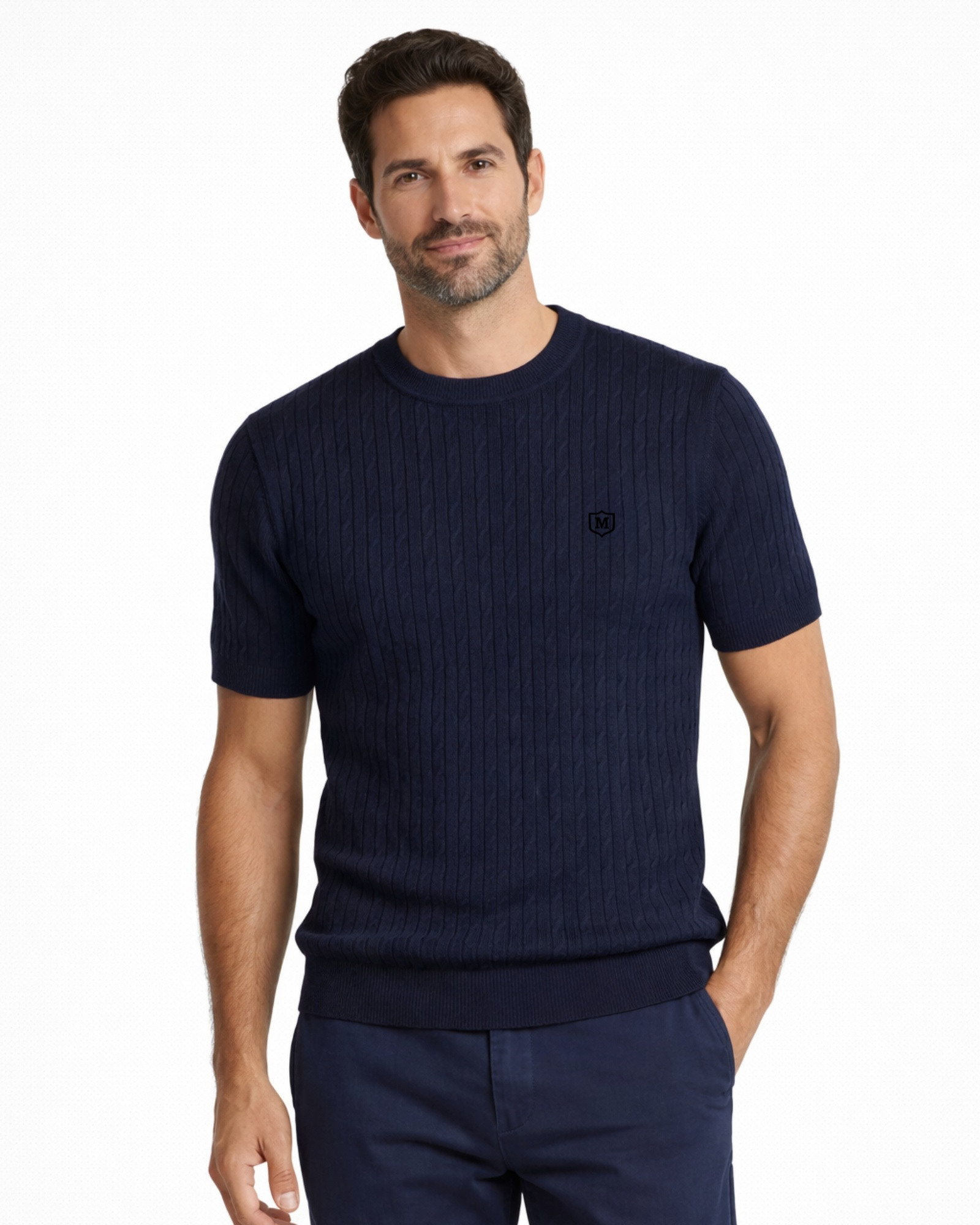 Serie 411 Suéter cuello caja ochos tricotosa color azul marino