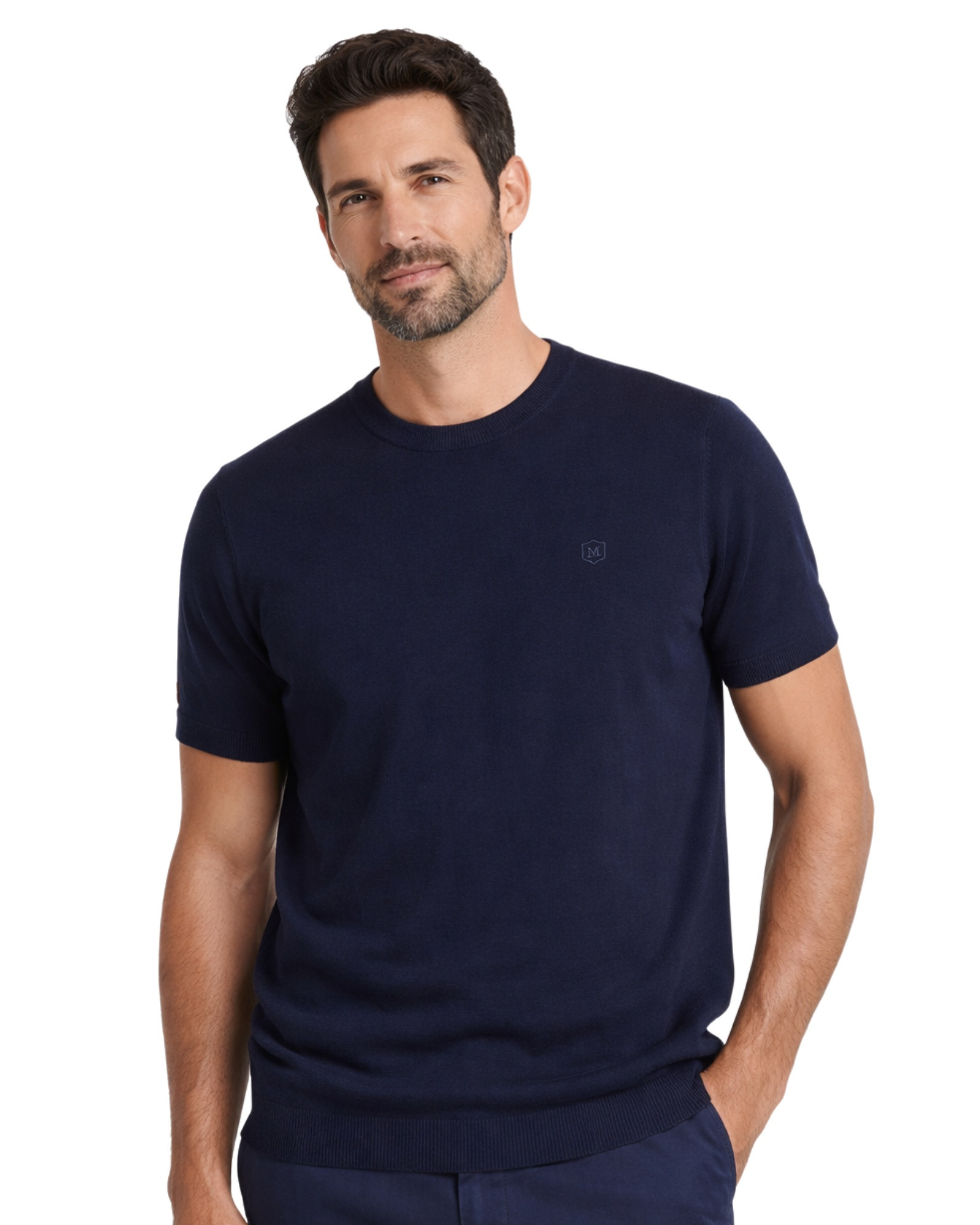 Serie 412 Suéter cuello caja liso básico tricotosa color azul marino