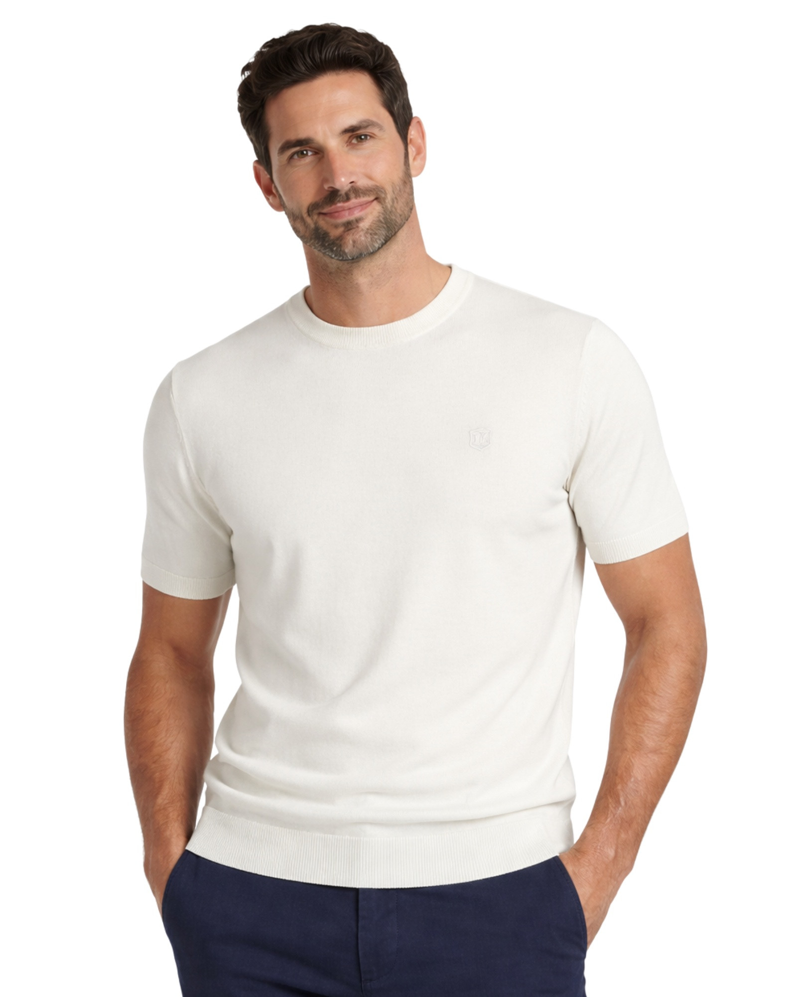 Serie 412 Suéter cuello caja liso básico tricotosa color crudo