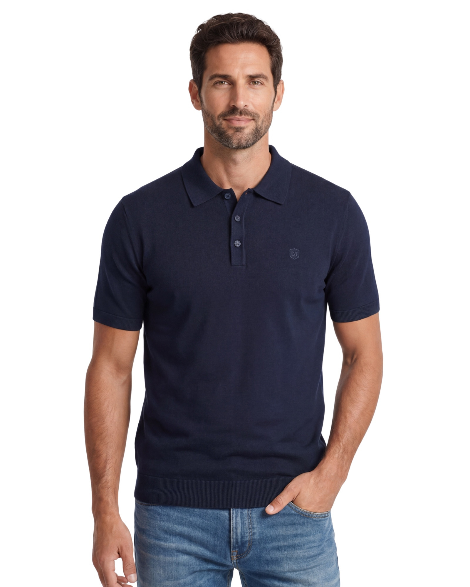 Serie 415 Suéter cuello polo botones liso tricotosa color azul marino