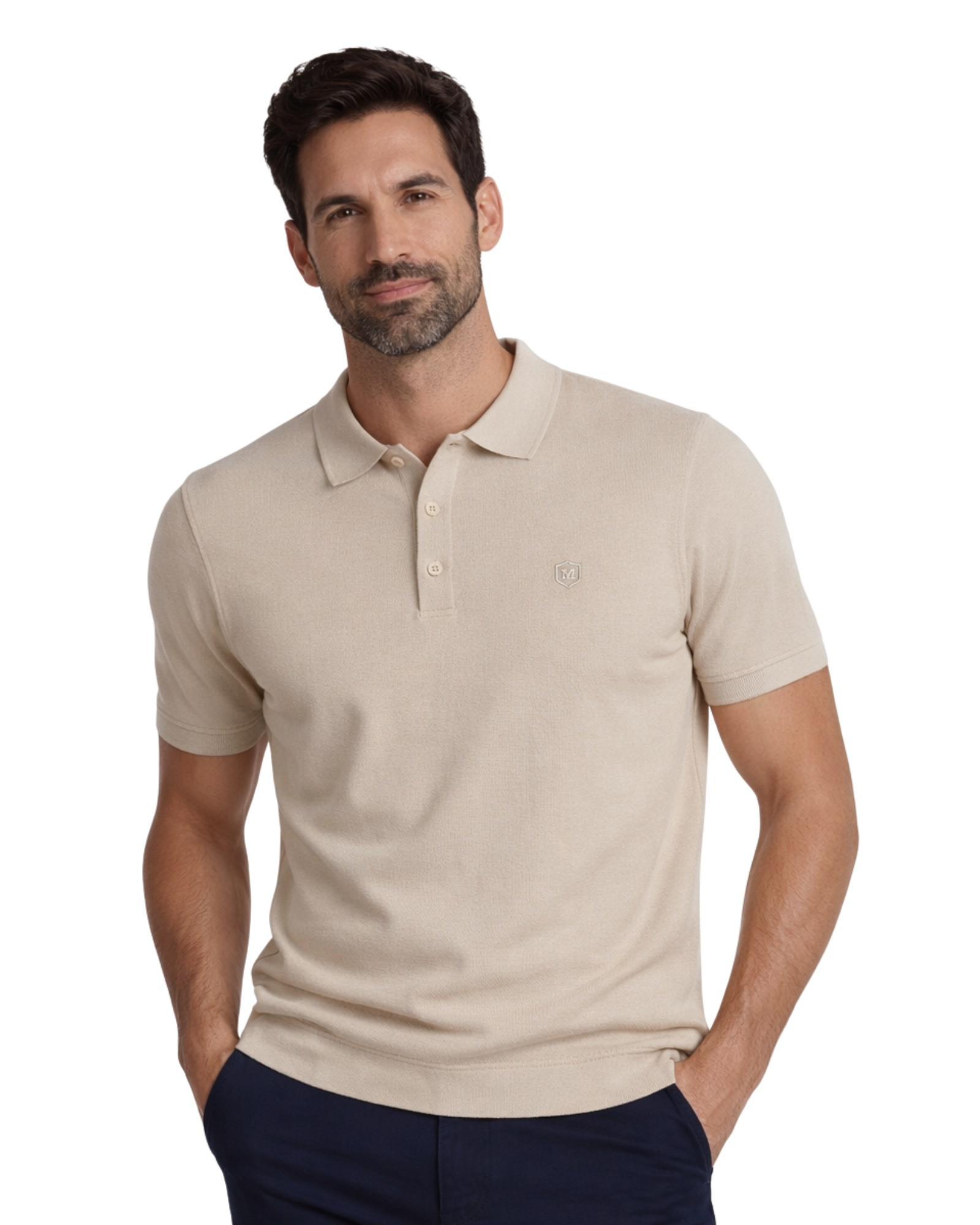 Serie 415 Suéter cuello polo botones liso tricotosa color tostado