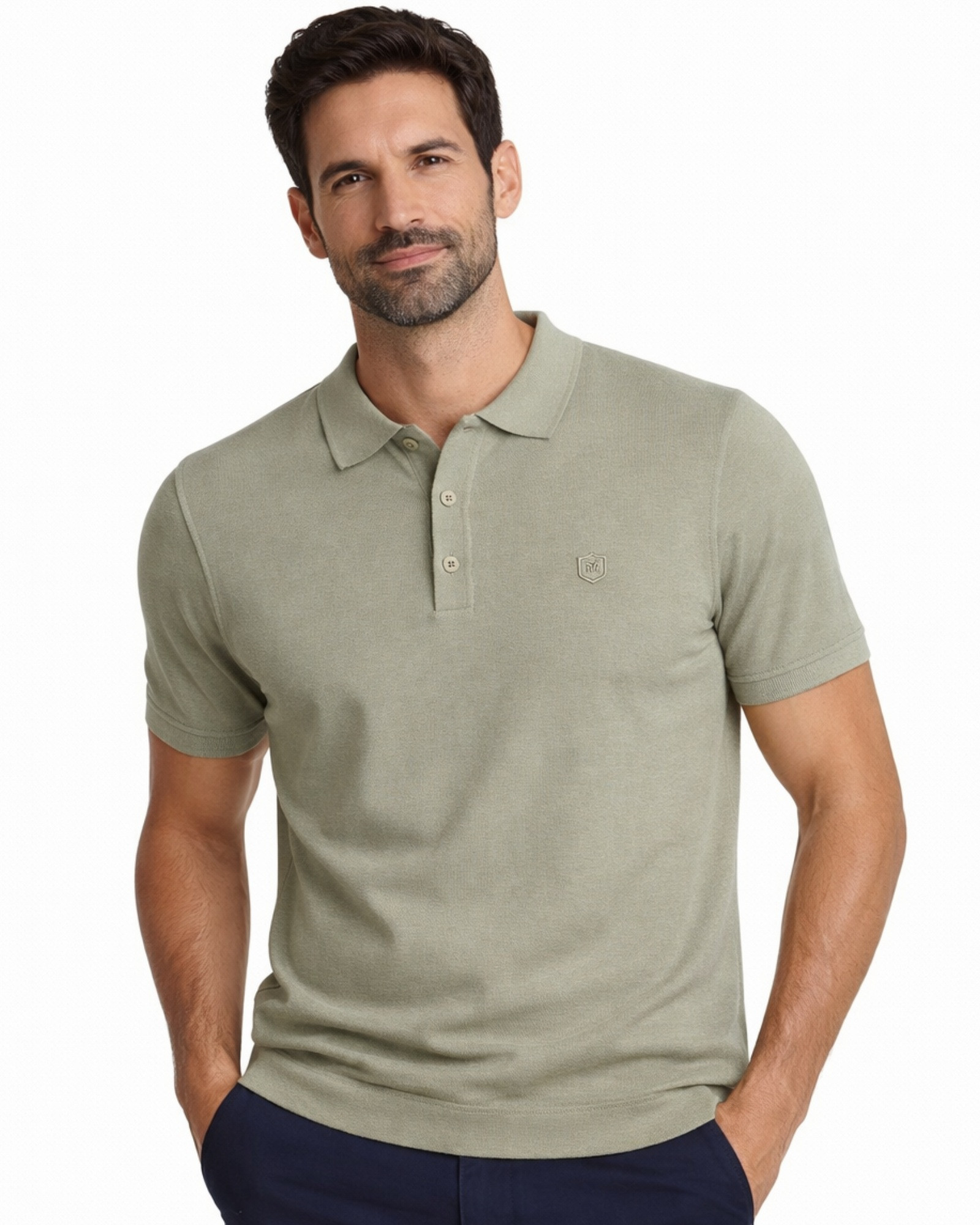 Serie 415 Suéter cuello polo botones liso tricotosa color verde