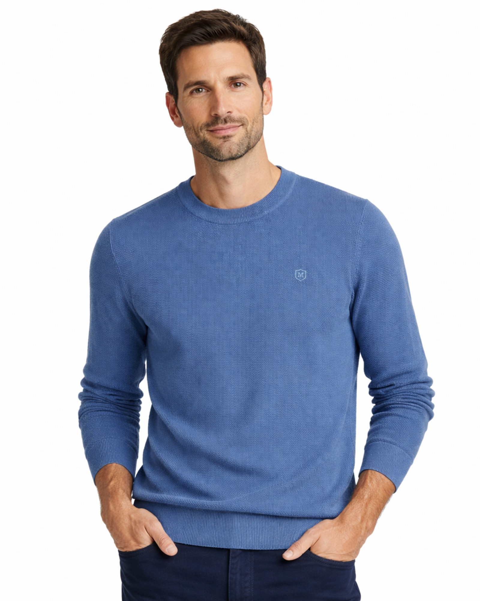 Serie 513 Suéter cuello caja estructura liso tricotosa manga larga color azul