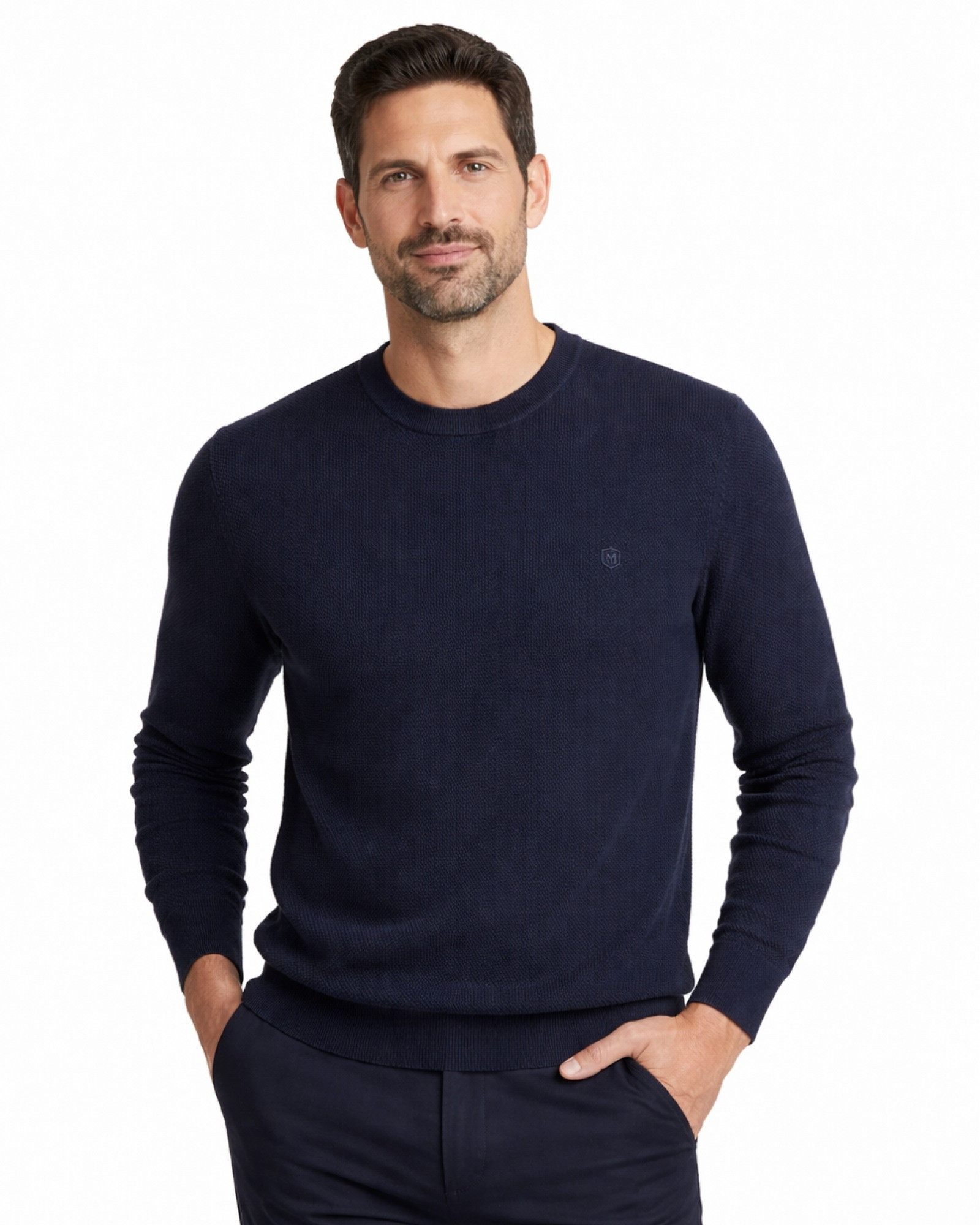 Serie 513 Suéter cuello caja estructura liso tricotosa manga larga color azul marino