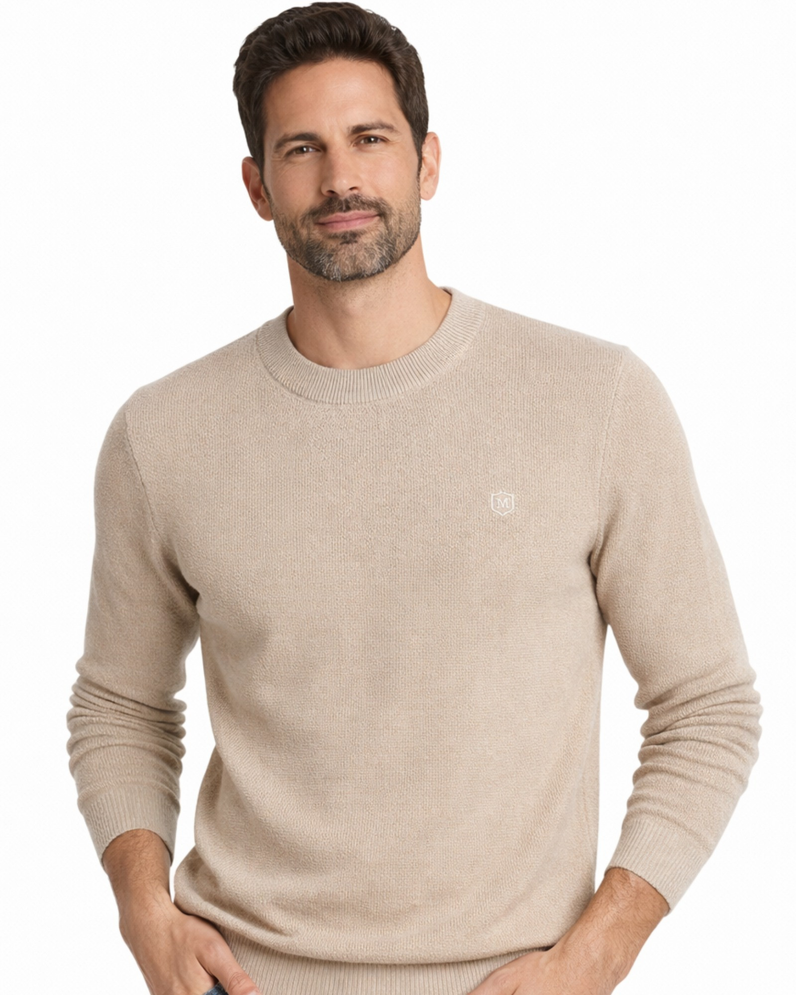 Serie 513 Suéter cuello caja estructura liso tricotosa manga larga color tostado