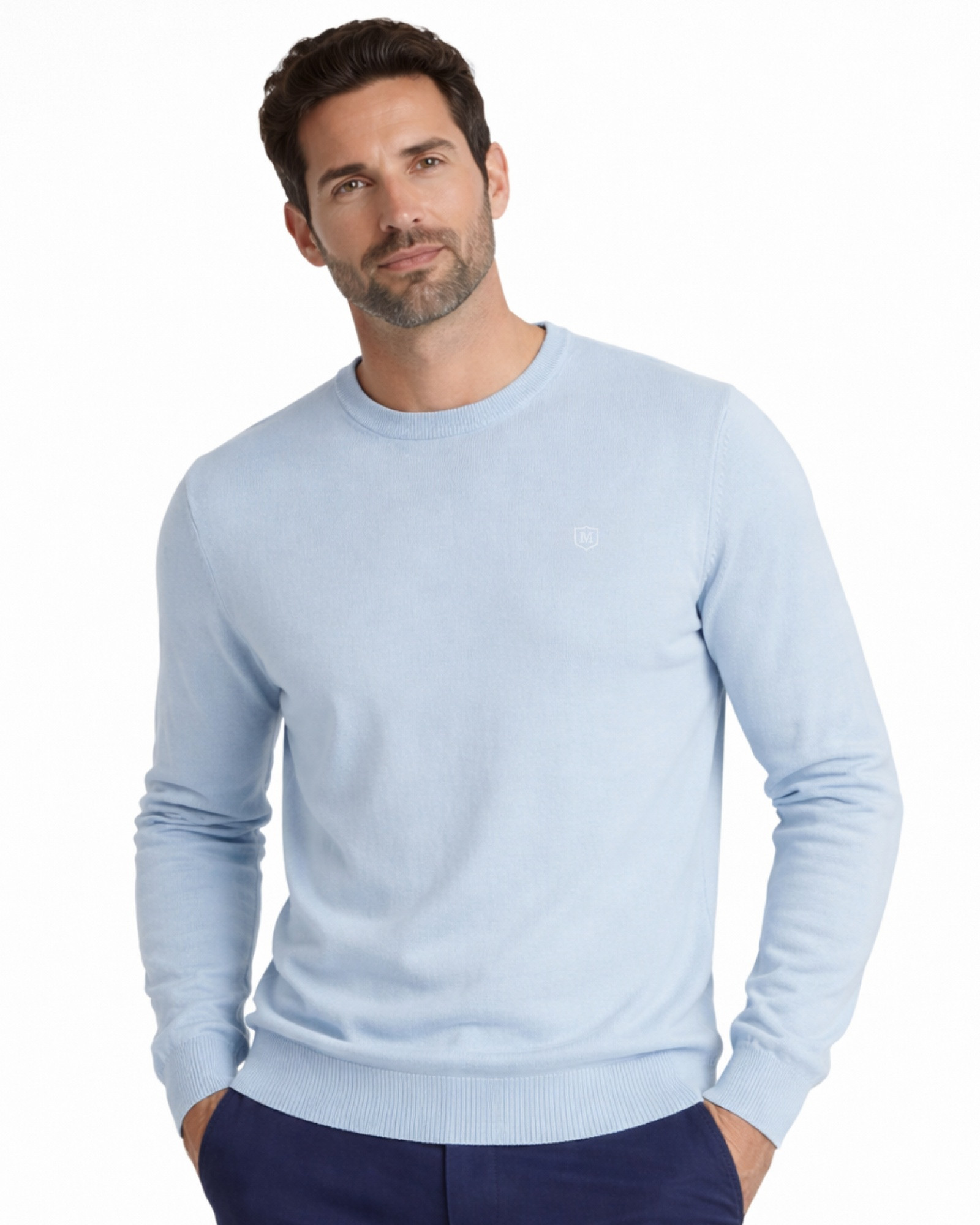 Serie 515 Suéter cuello caja liso básico tricotosa manga larga color celeste