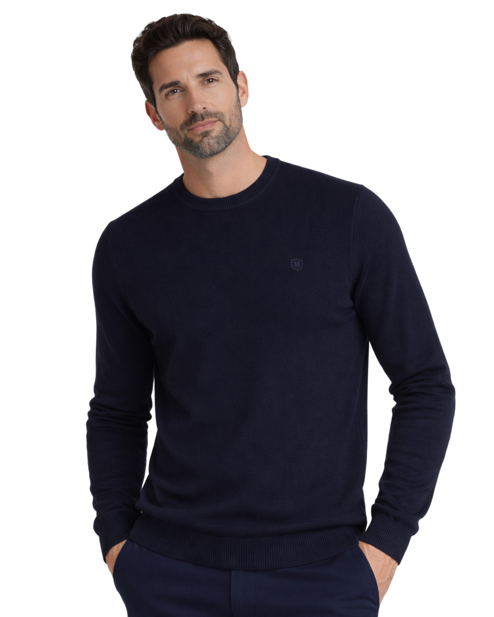 Serie 515 Suéter cuello caja liso básico tricotosa manga larga color azul marino