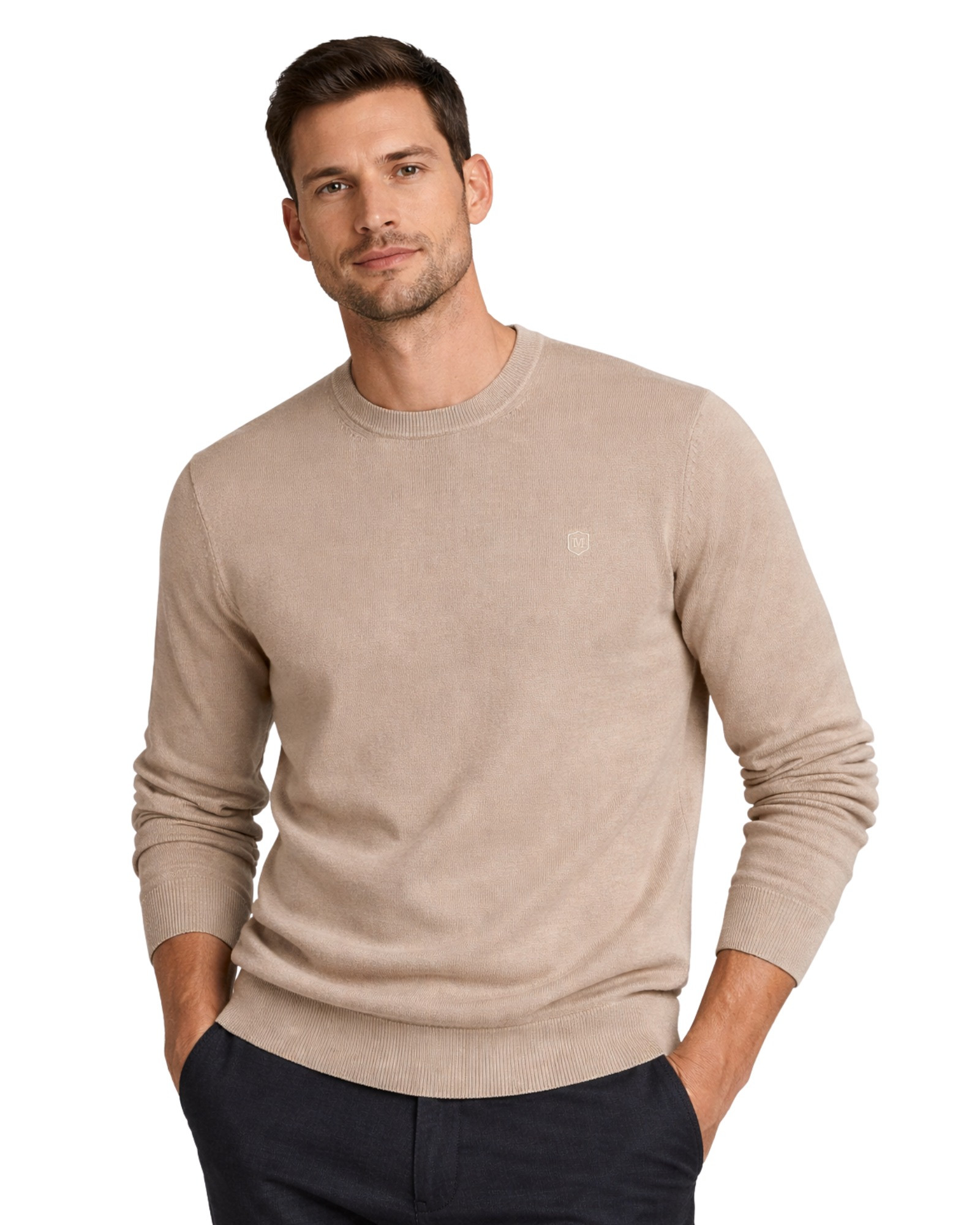 Serie 515 Suéter cuello caja liso básico tricotosa manga larga color tostado