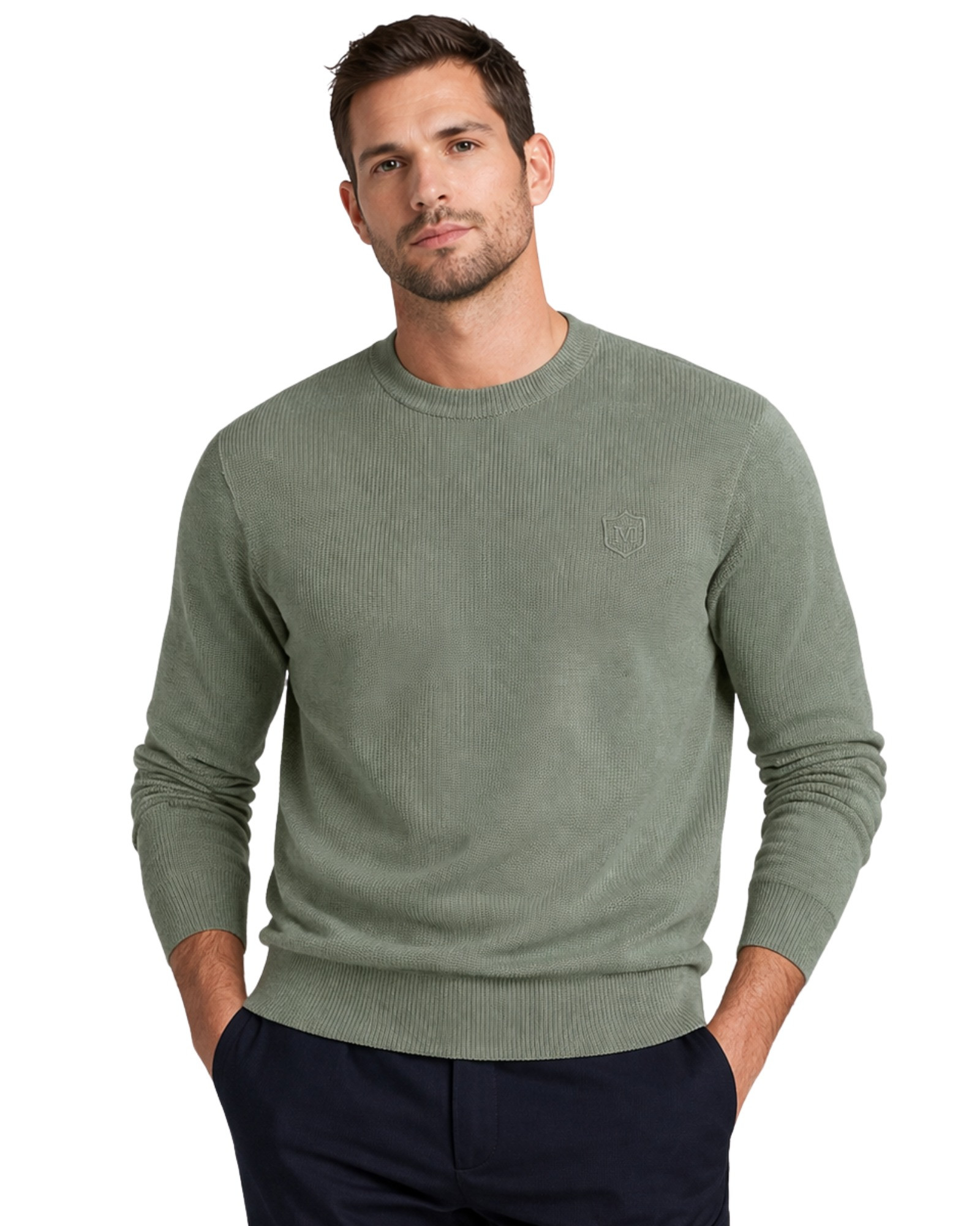 Serie 515 Suéter cuello caja liso básico tricotosa manga larga color verde