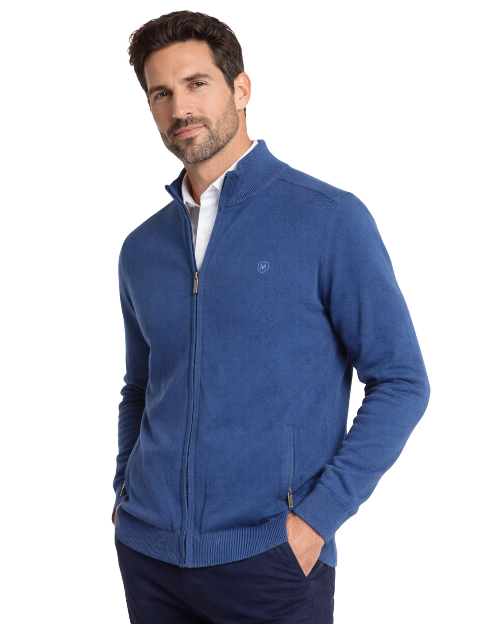 Serie 601 Chaqueta cremallera con bolsillos tricotosa manga larga color azulón