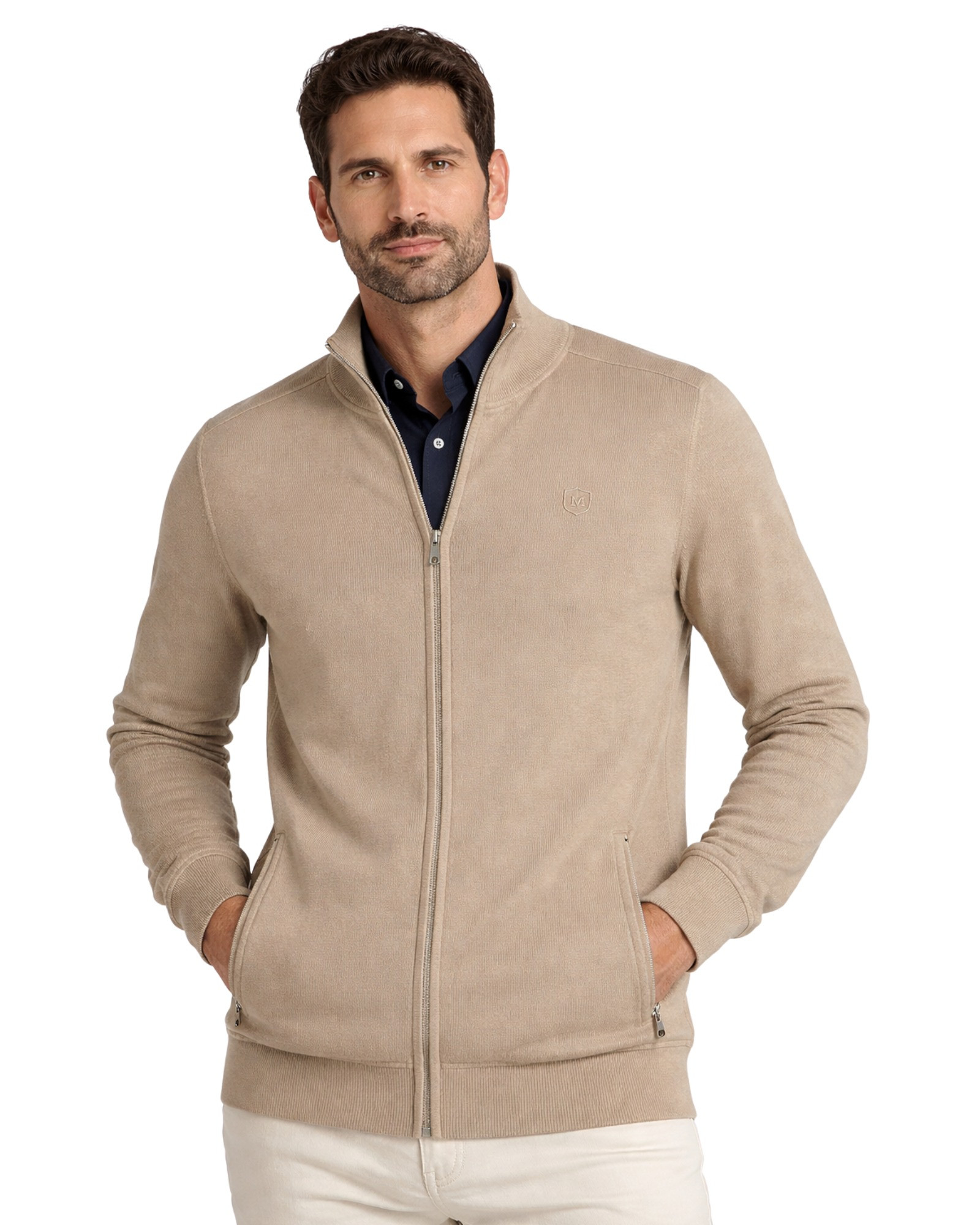 Serie 601 Chaqueta cremallera con bolsillos tricotosa manga larga color tostado