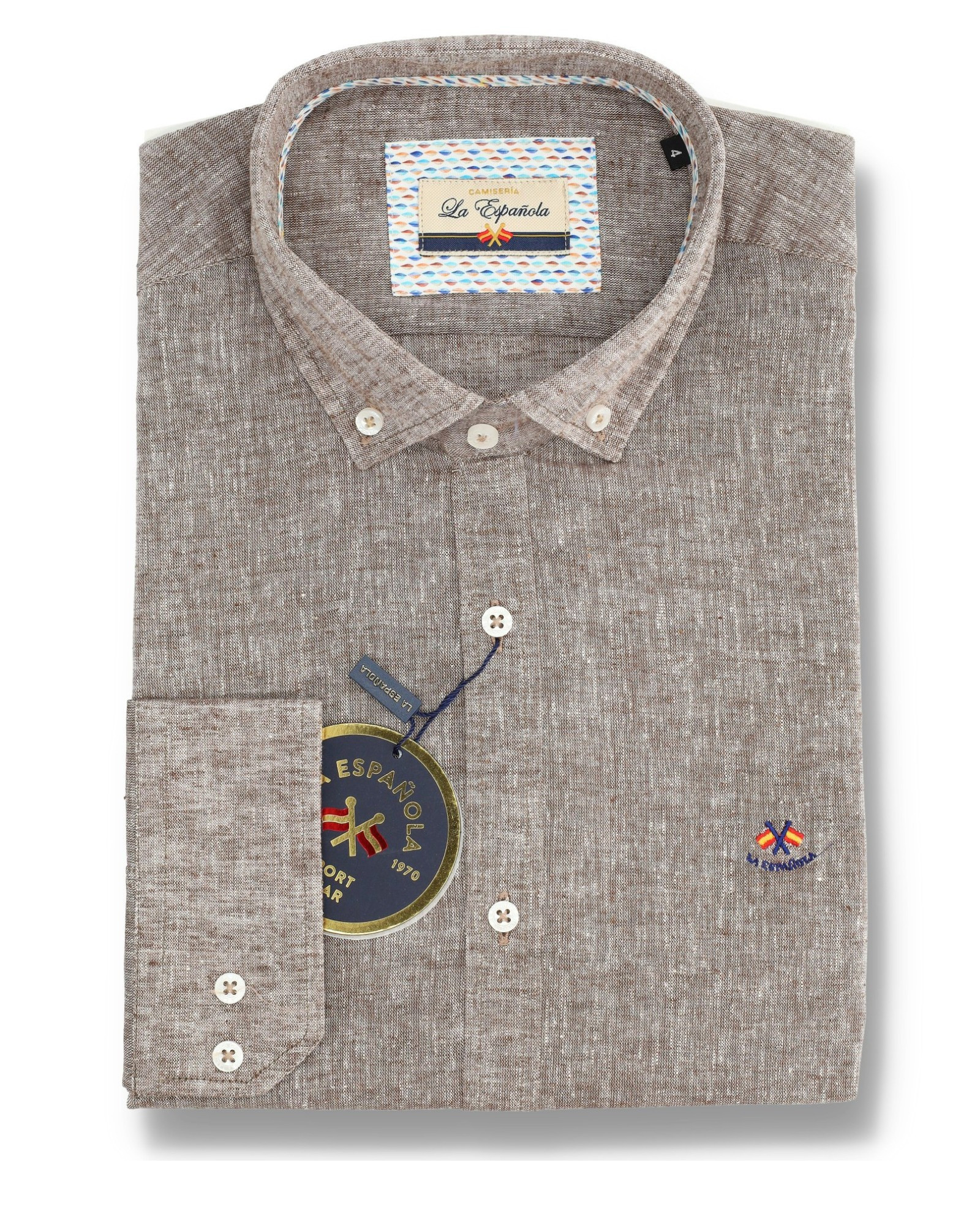 Camisa lino algodón cuello botón serie 56435 tostado