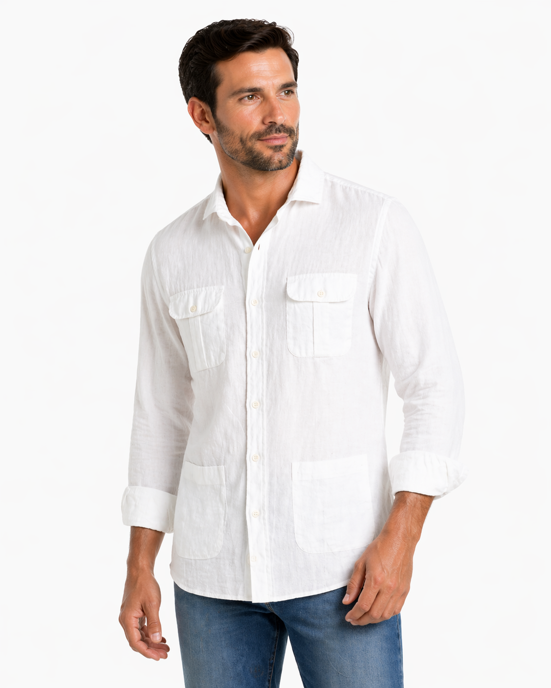 Camisa Tipo Cubana Lino-Algodón Color Blanco serie 76487