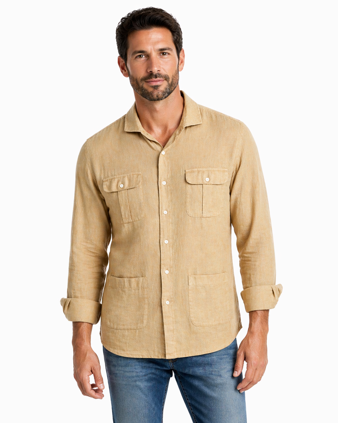 Camisa Tipo Cubana Lino-Algodón Color camel serie 76487