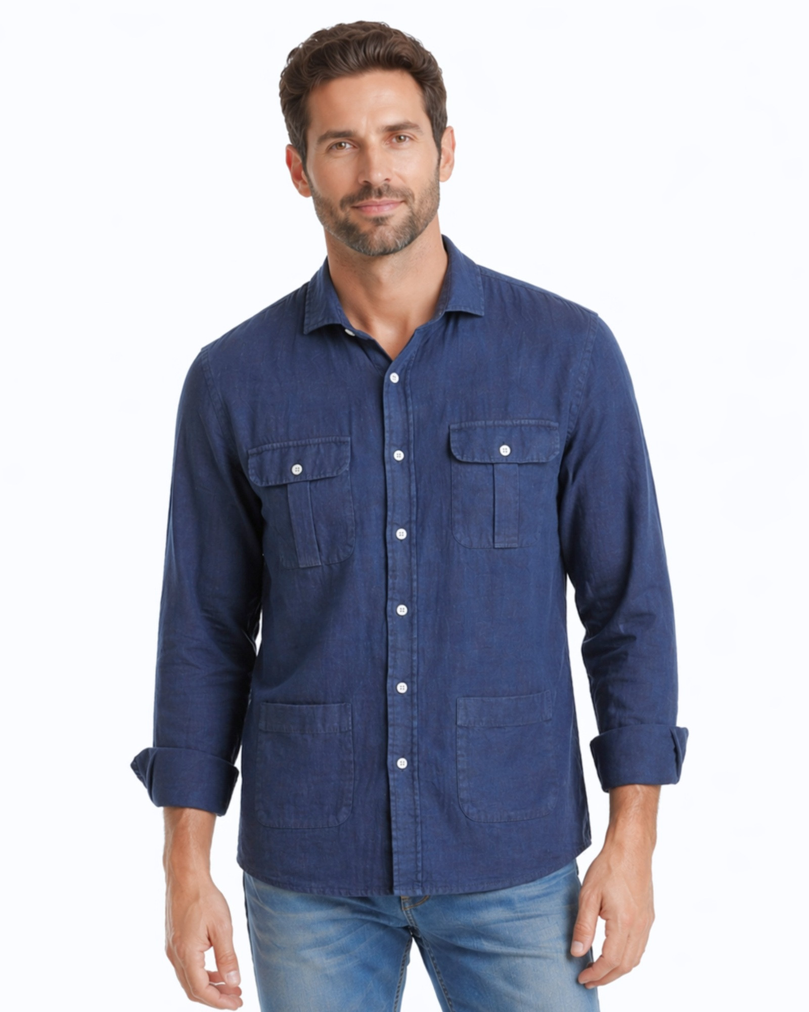 Camisa Tipo Cubana Lino-Algodón Color azul marino serie 76487