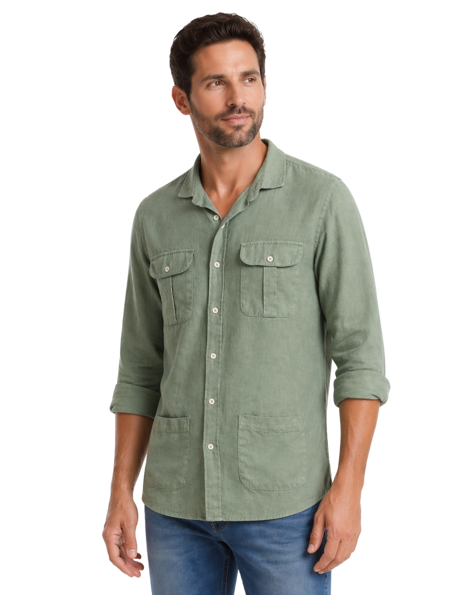 Camisa Tipo Cubana Lino-Algodón Color verde serie 76487