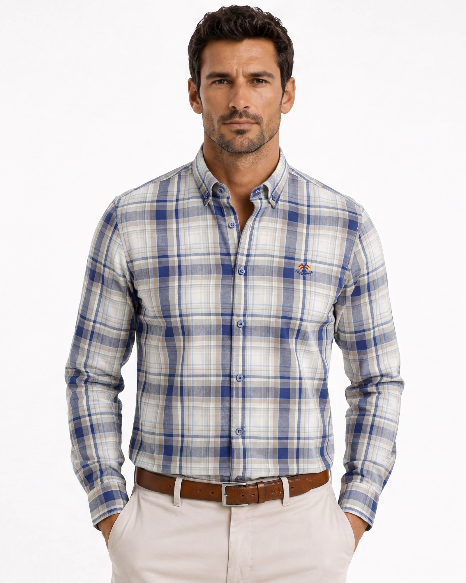 Camisa cuadros  algodón  cuello botón serie 56337
