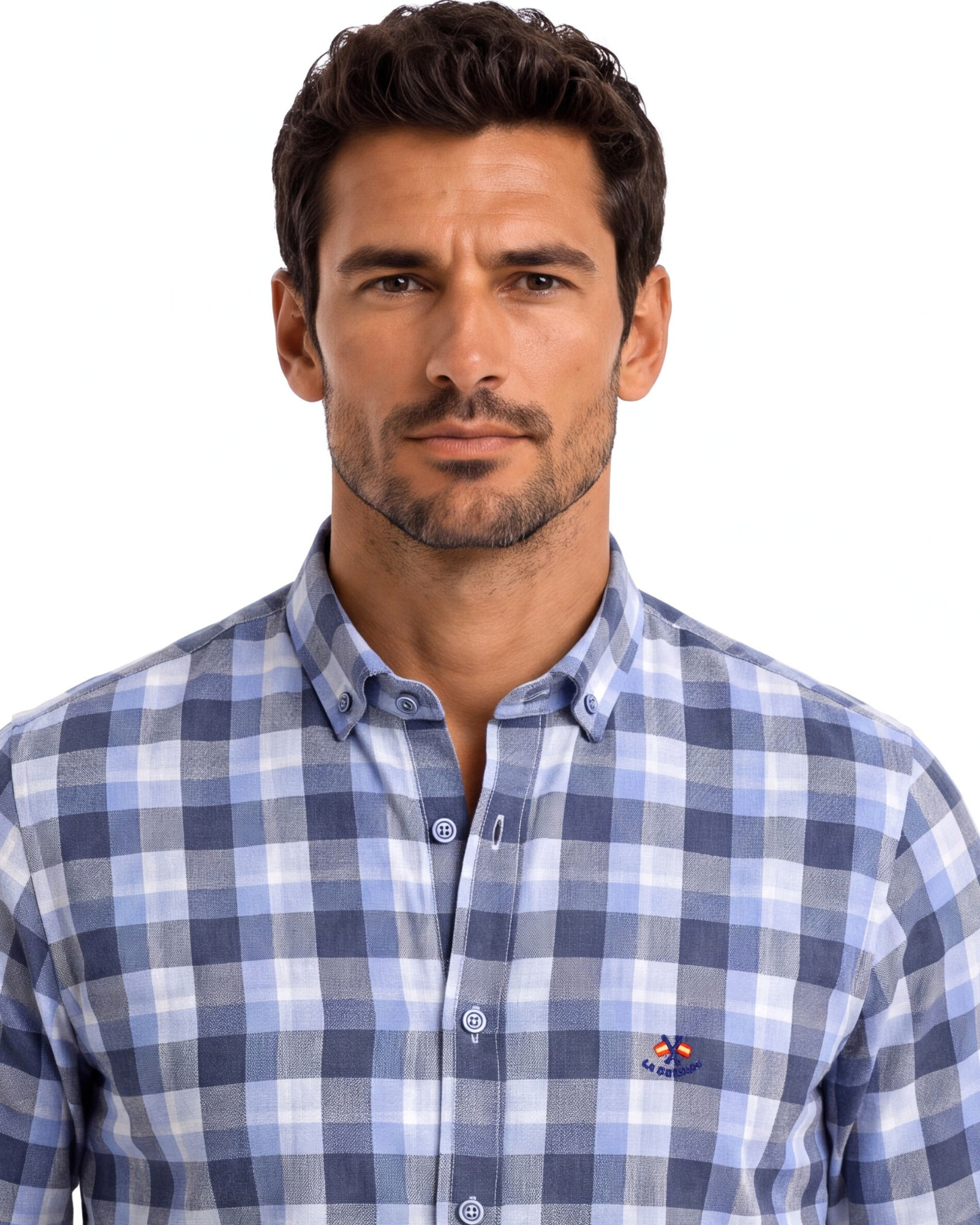 Camisa cuadros  algodón  cuello botón serie 126414 patrón regular sin bolsillo