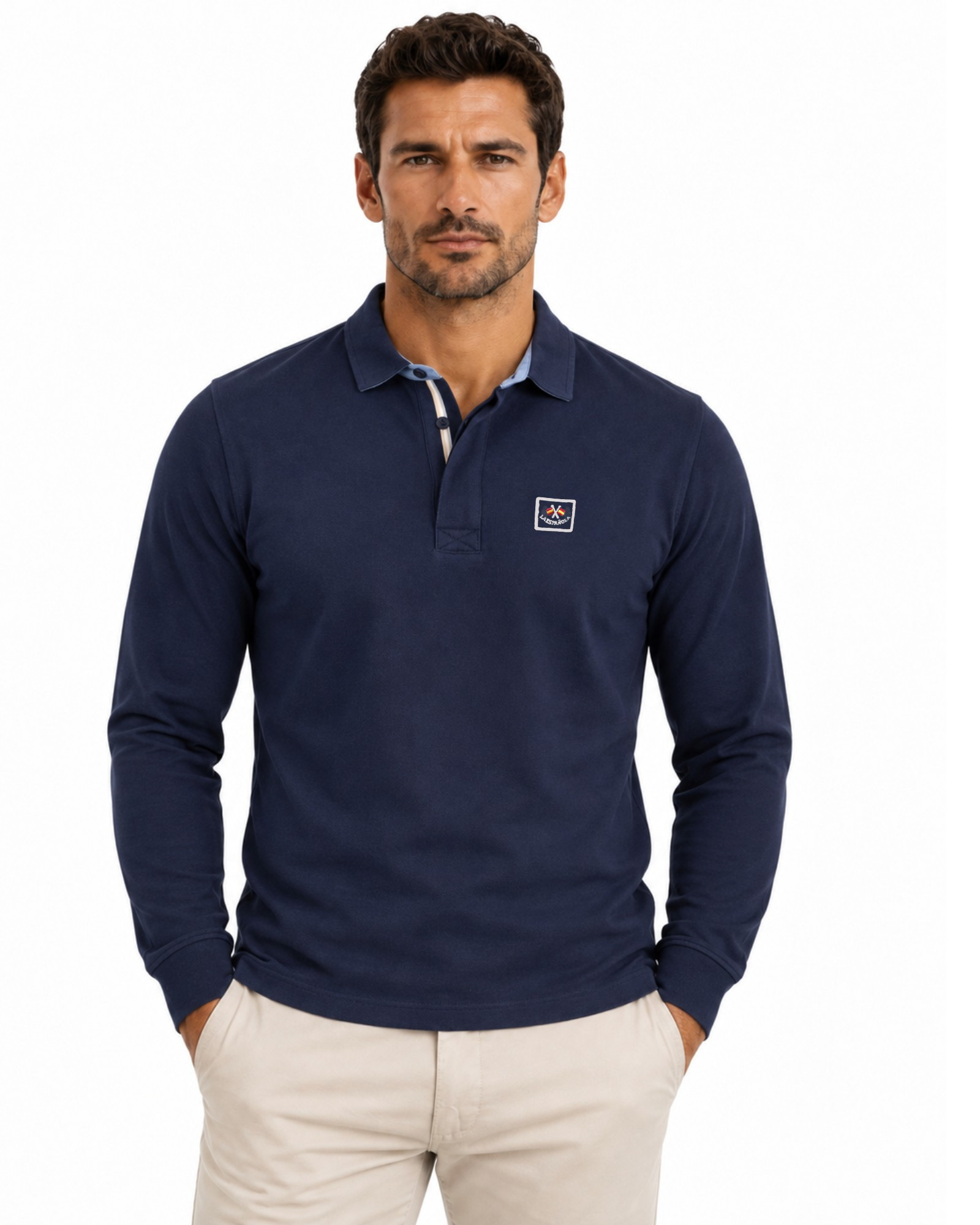 Polo manga larga liso algodón color azul marino serie 10996