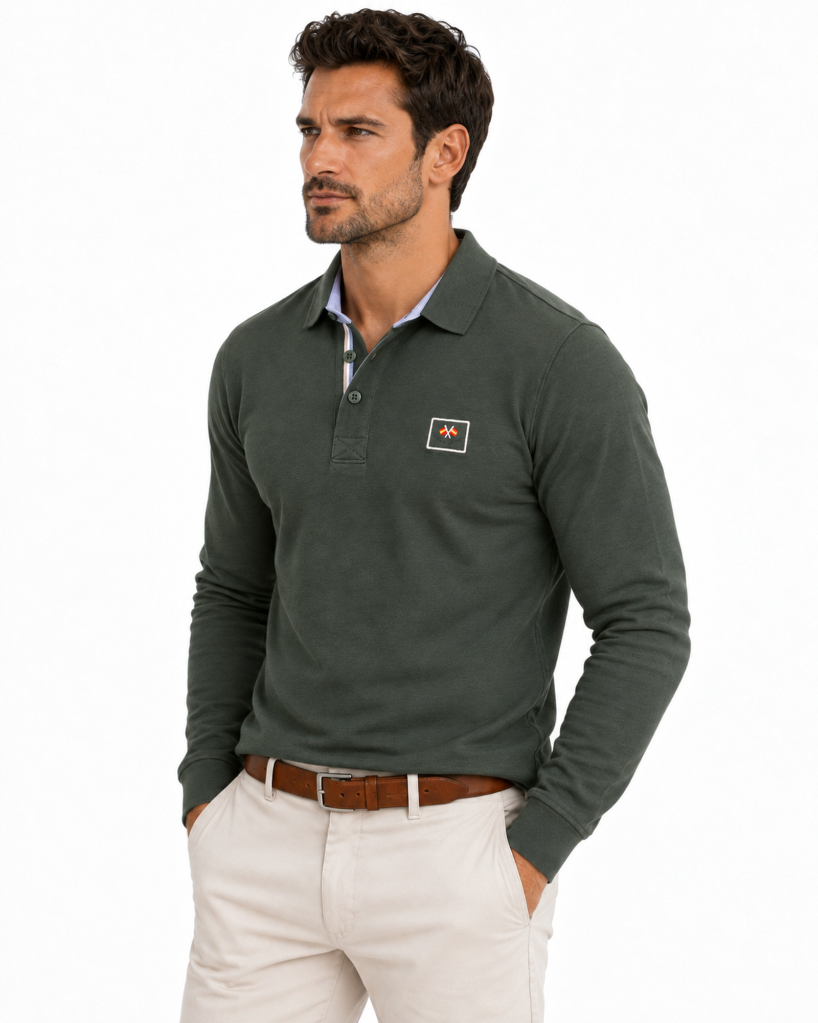 Polo manga larga liso algodón color verde serie 10996