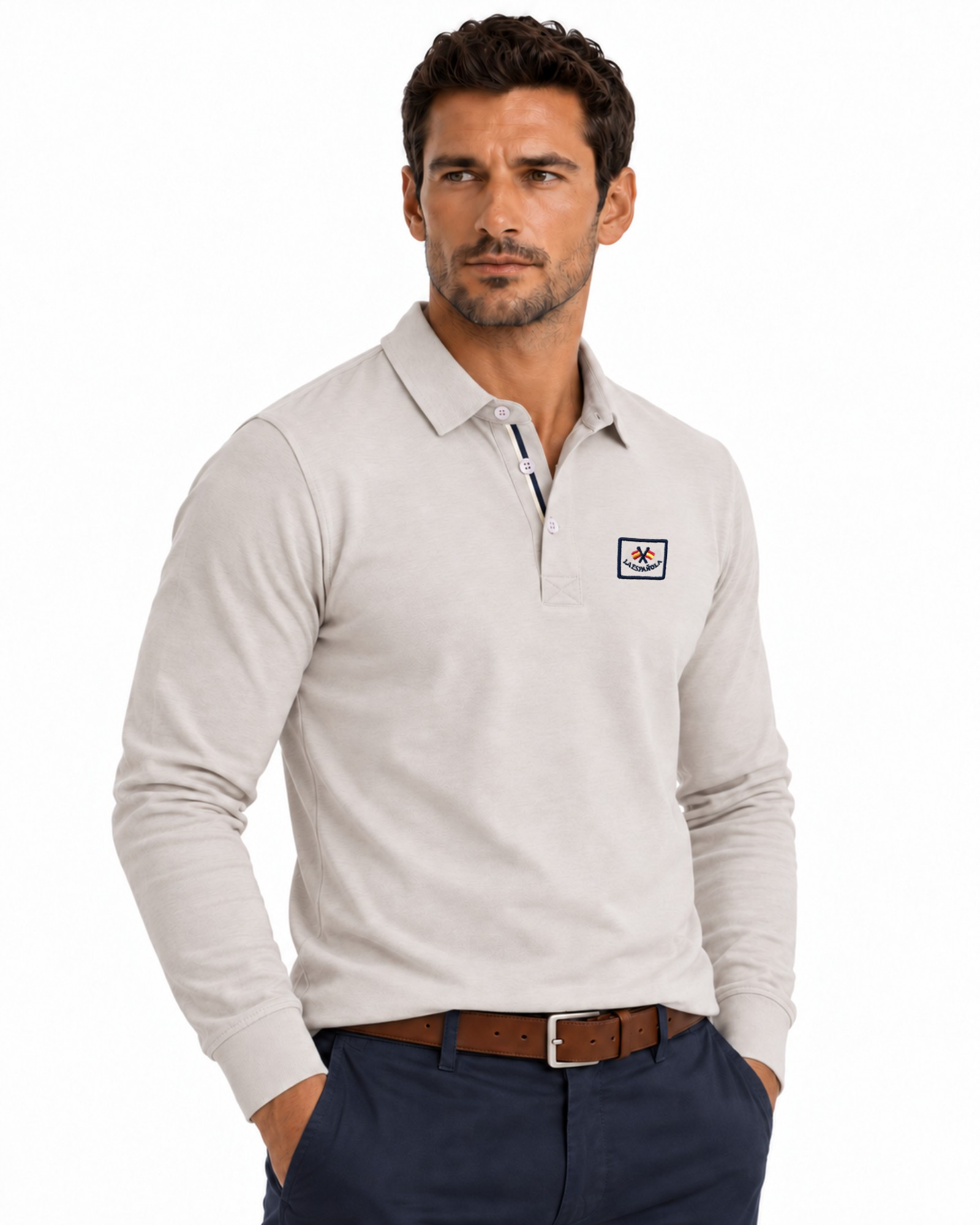 Polo manga larga liso algodón color piedra serie 10996