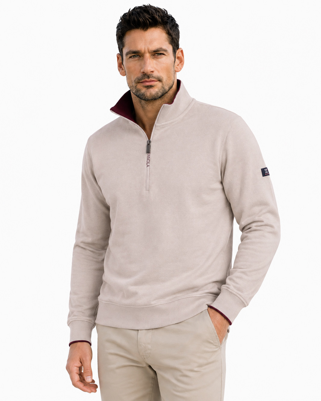 Sudadera cuello cremallera algodón color piedra serie 11000