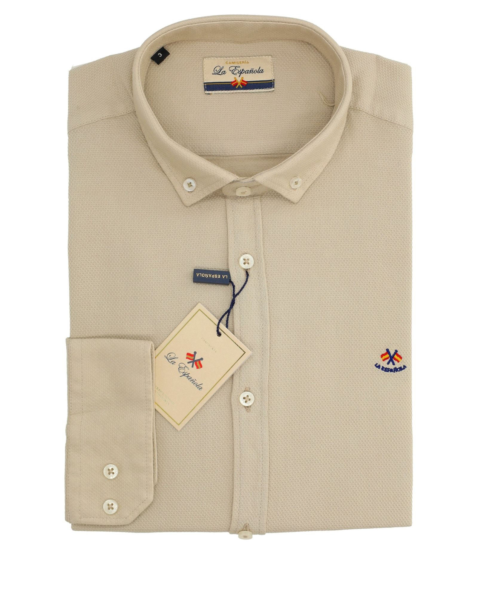 Camisa algodón falso liso cuello botón serie 56603 beige
