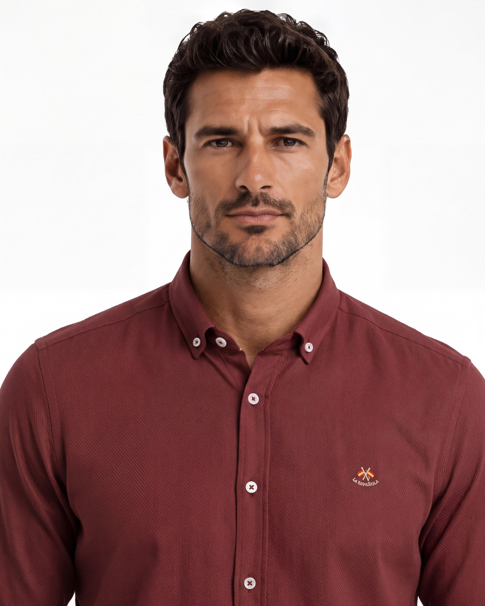 Camisa algodón falso liso cuello botón serie 56603 granate