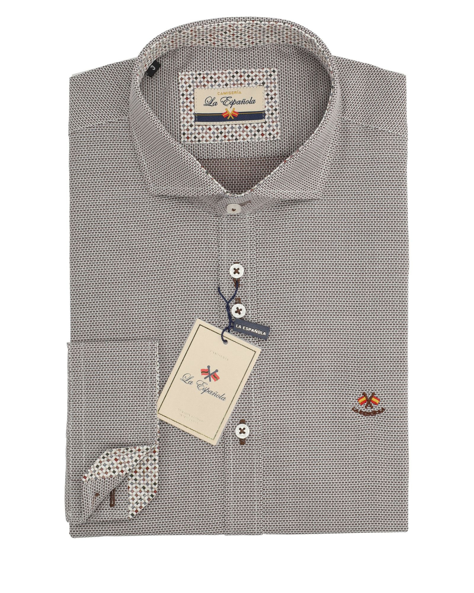 Camisa microestampada  algodón  cuello sin botón serie 56616 color 2 beige