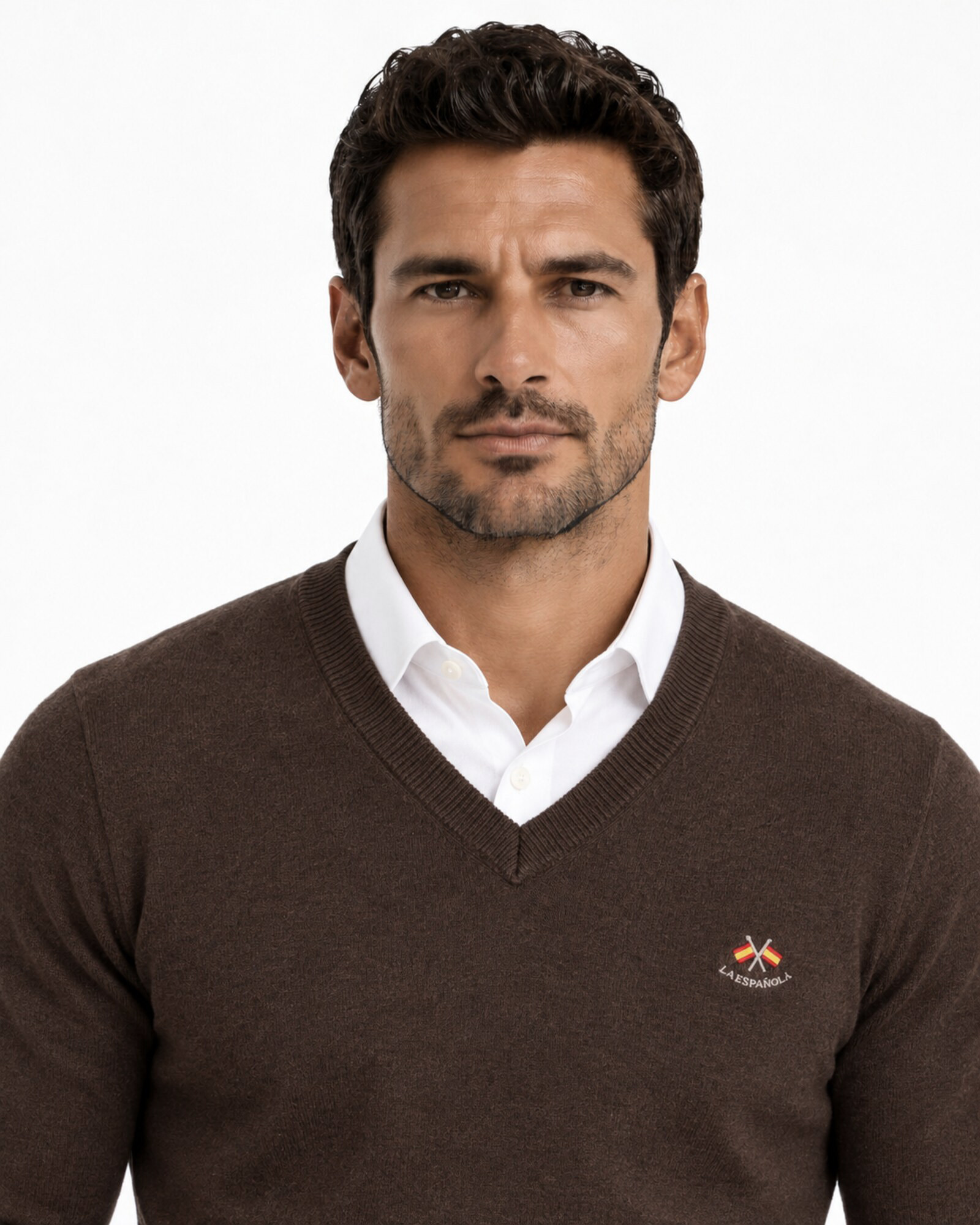 Suéter cuello pico cachemire color chocolate serie 11003