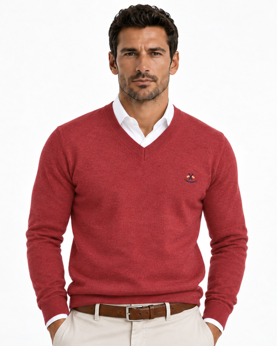 Suéter cuello pico cachemire color rojo serie 11003